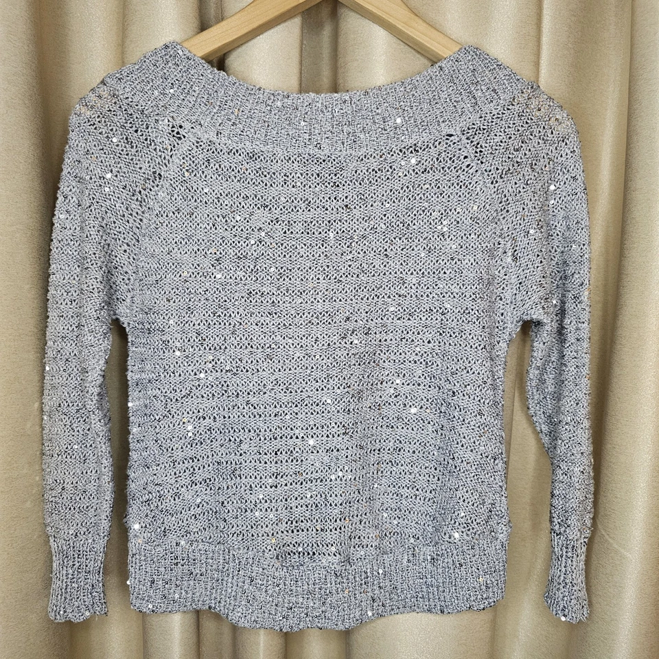Suéter Recortado Cuello Barco Alto-Lo Lentejuelas Plateadas Y2K Elastizado Tejido Metálico Talla S Foto 2 de 4