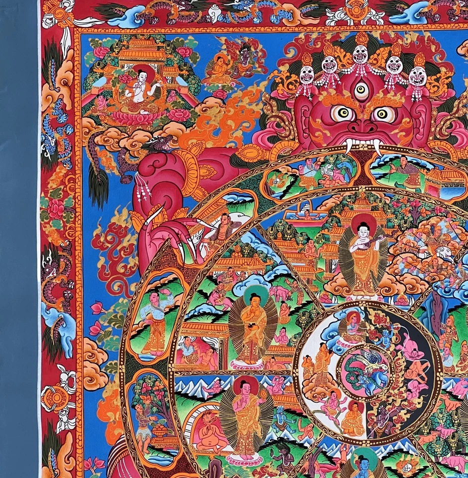 RUEDA DE LA VIDA BHAVACHAKRA SAMSARA MANDALA ORIGINAL PINTADO A MANO THANGKA TIBETANO Foto 3 de 4