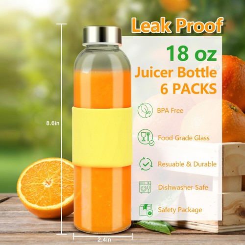 Zukro 18 oz Glass Water Bottles with Lids, 6 Pack Leak Proof Juice Bottles - Picture 9 of 9
