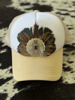 Beige/White Trucker Hat Mesh Back Adjustable Feather Concho Patch Western