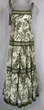 Zimmermann Empire Shoulder Dress Khaki Palm Leaf Print Tie Midi Sz 1 READ
