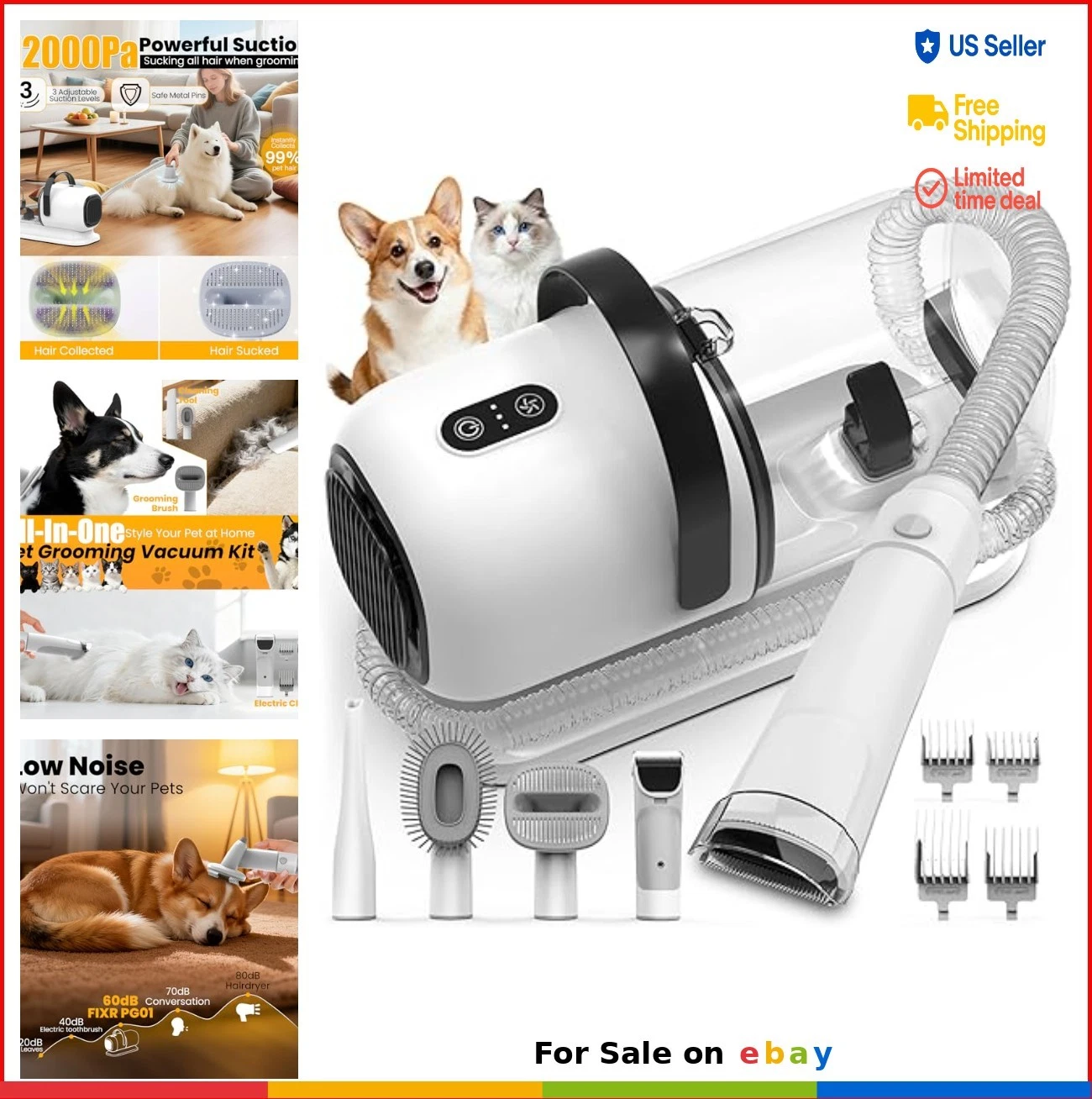 Dog Grooming Vacuum 12000Pa Suction HEPA Filter Hair Clipper Shedding Brush