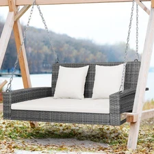 2-Person Patio PE Wicker Hanging Porch Swing Bench Chair with Soft Cushion