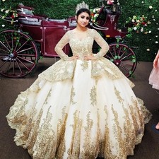Ball Gown Wedding Dress for Bride Champagne Gold Long Sleeve Royal Train Layered