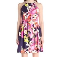 Vince Camuto Pink and Purple Floral High Neck Dress, Size 8