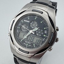 Sonic Analog Digital Watch Men 30m Silver Black Rubber Alarm Chrono New Battery