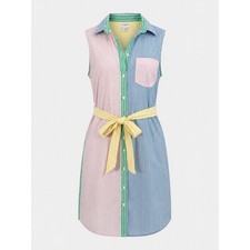 J.Crew Striped Colorblock Shirt Dress 10 Multi Sleeveless Belted Classic Preppy