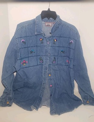Vintage Embroidered Patchwork  Button-Up Light Denim 100% Cotton Flowers