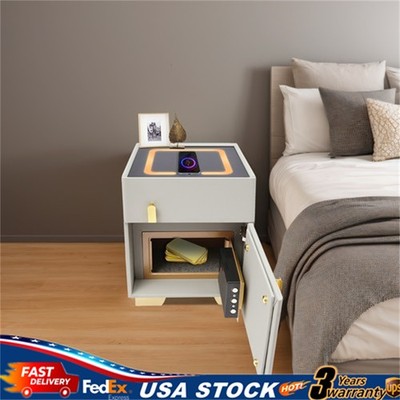 Smart Nightstand With Safe Box And 3-Color Light,Wireless Charging USB Grey