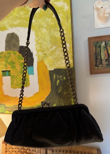 Vintage TALBOTS Black Pebbled Leather Clutch Handbag Chain Handle Cool Purse - Picture 1 of 17