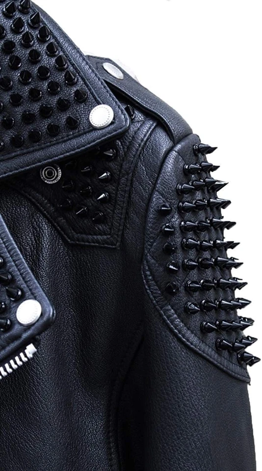 Men’s Custom Black Studded Leather Biker Jacket – Extreme Spiked Punk Rock Moto - Image 3 of 4