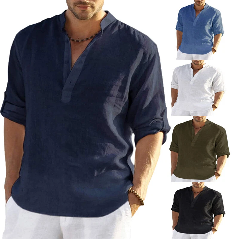 Mens Linen Long Sleeve Casual Loose Buttons T-shirt Pocket Blouse Shirts Tops AU