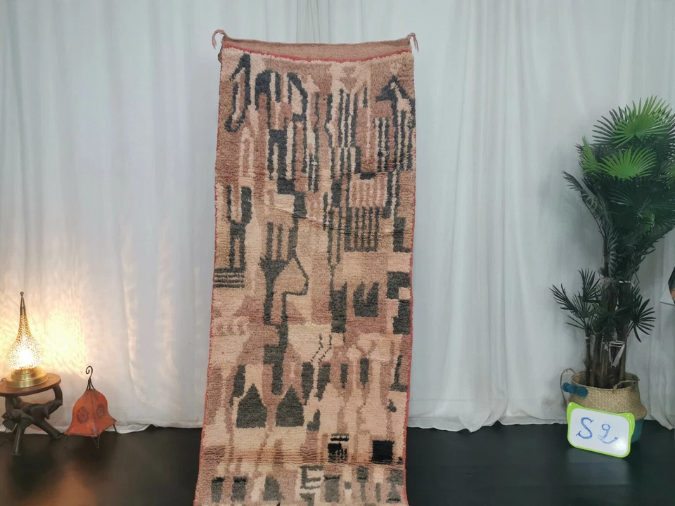 Alfombra roja descolorida abstracta vintage marroquí hecha a mano Boujaad Runner 2'6x11'2 Foto 2 de 4