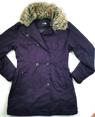 HOT Women THE NORTH FACE PRIMALOFT DOUBLE BREAST FUR Collar PURPLE TRENCH Coat M