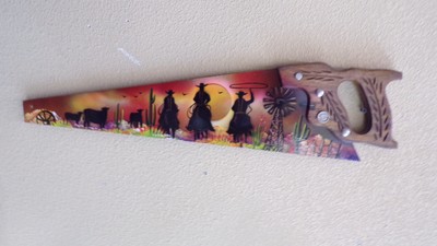 Hand Painted Art, Cowboys, Western, Plains, Desert Scene On Old 27'' Handsaw.