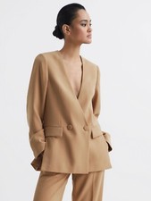 Reiss Womens Neutral Margeaux Collarless Double Breasted Suit Blazer Uk Size 8