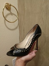 Jimmy choo boutique black leather metal stud embellished open toe sz 39 1/2...