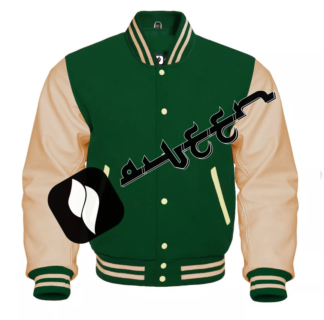 Forest Green WoolTan Real Leather Arms Varsity Bomber Letterman College Jacket