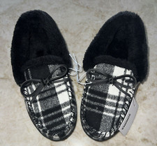 Sonoma Goods For Life Slippers Black  White Plaid Womens XS  5-6 Faux Fur
