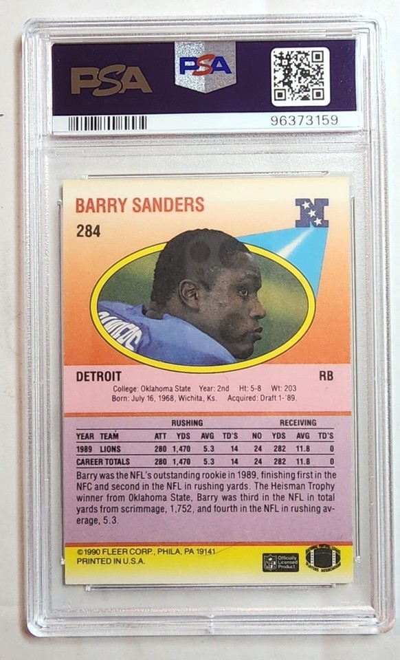1990 Fleer 284 Barry Sanders Detroit Lions Oklahoma State Cowboys PSA