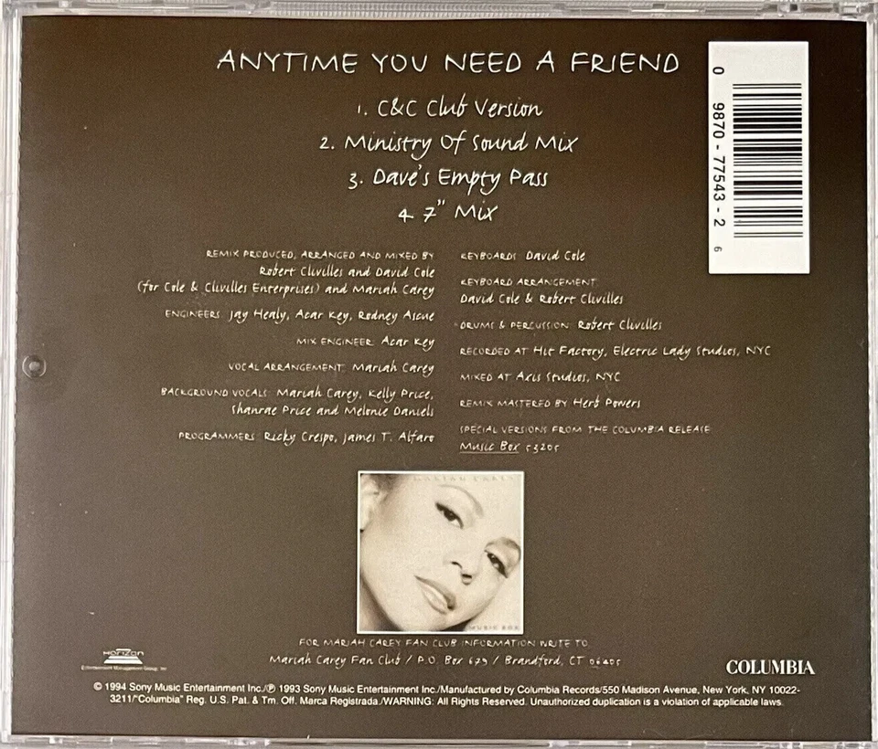 Mariah Carey - Anytime You Need A Friend  4 NEW MIXES CD #2 Maxi-Single 1994 - Image 2 of 3