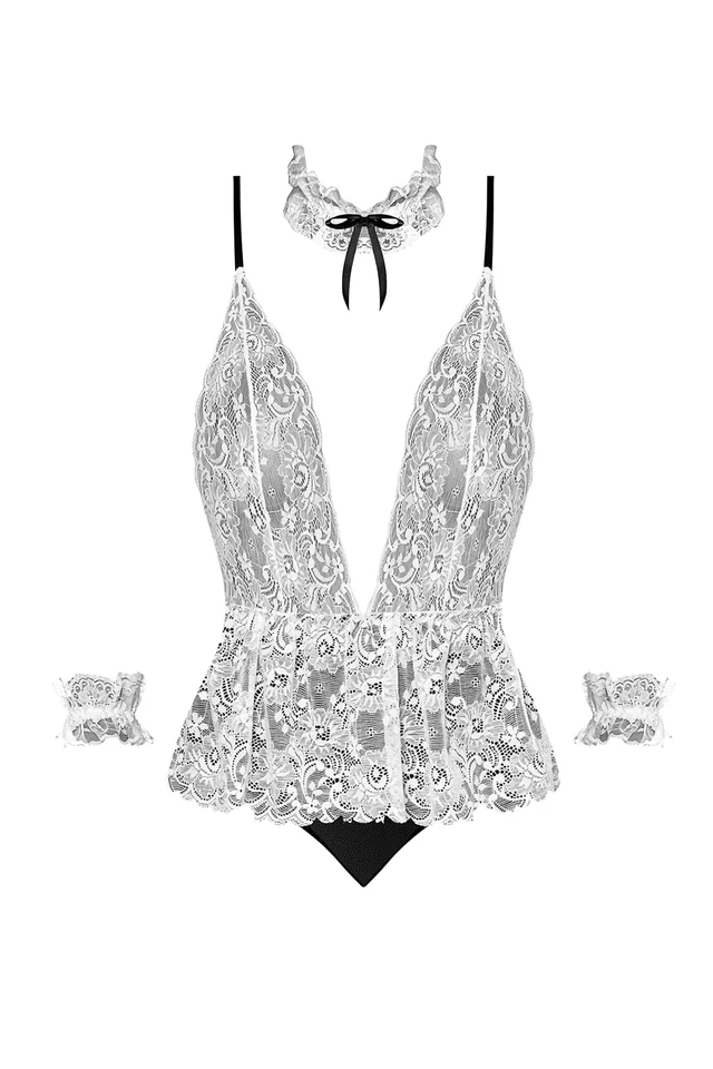 Сексуальная горничная глубокий V плюшевый цветочный кружева белье комплект💋 Кокетливое нижнее белье костюм - Изображение 4 из 4