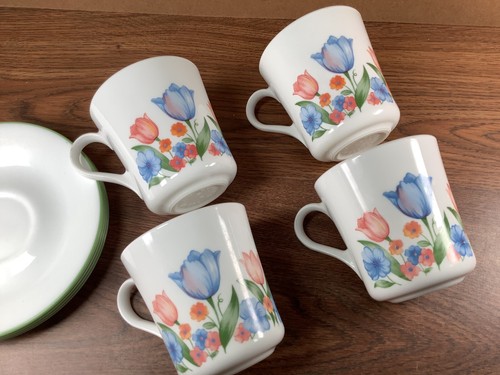 Corelle Mugs / Cups And Saucers 4 Sets FRESH CUT TULIPS 3.5" Flowers On White - Picture 12 of 14