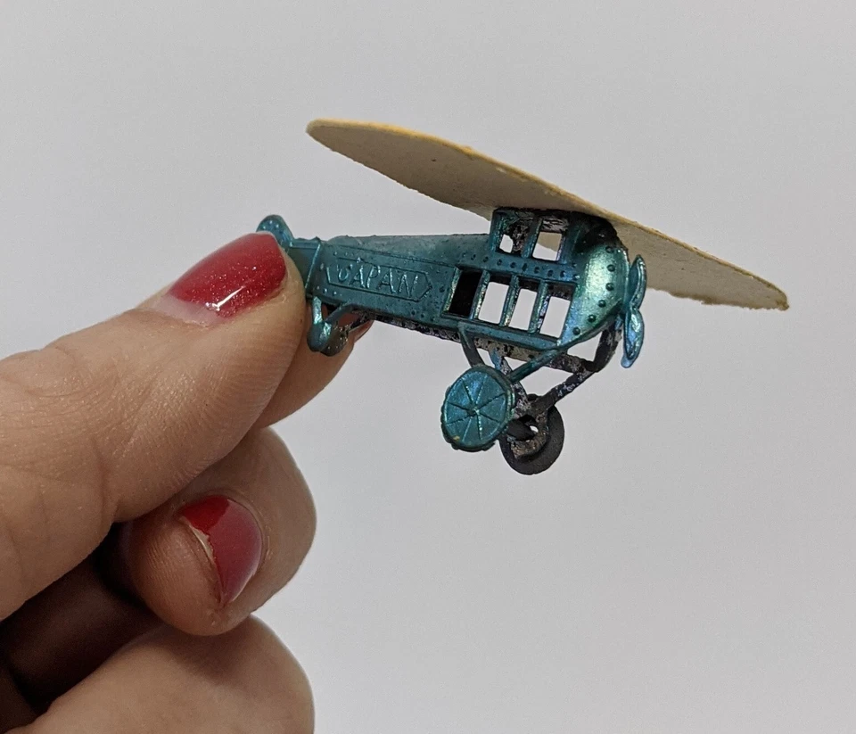 Vintage Antique 1920s (Japan) Antimony Tin Penny Toy Airplane w/ Cardboard Wing - Image 4 of 4