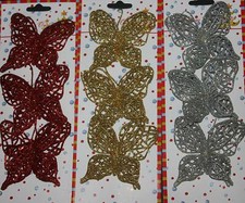 9-pc assorted Glitter Golden, Silver and Red 3" Butterfly Christmas Ornaments