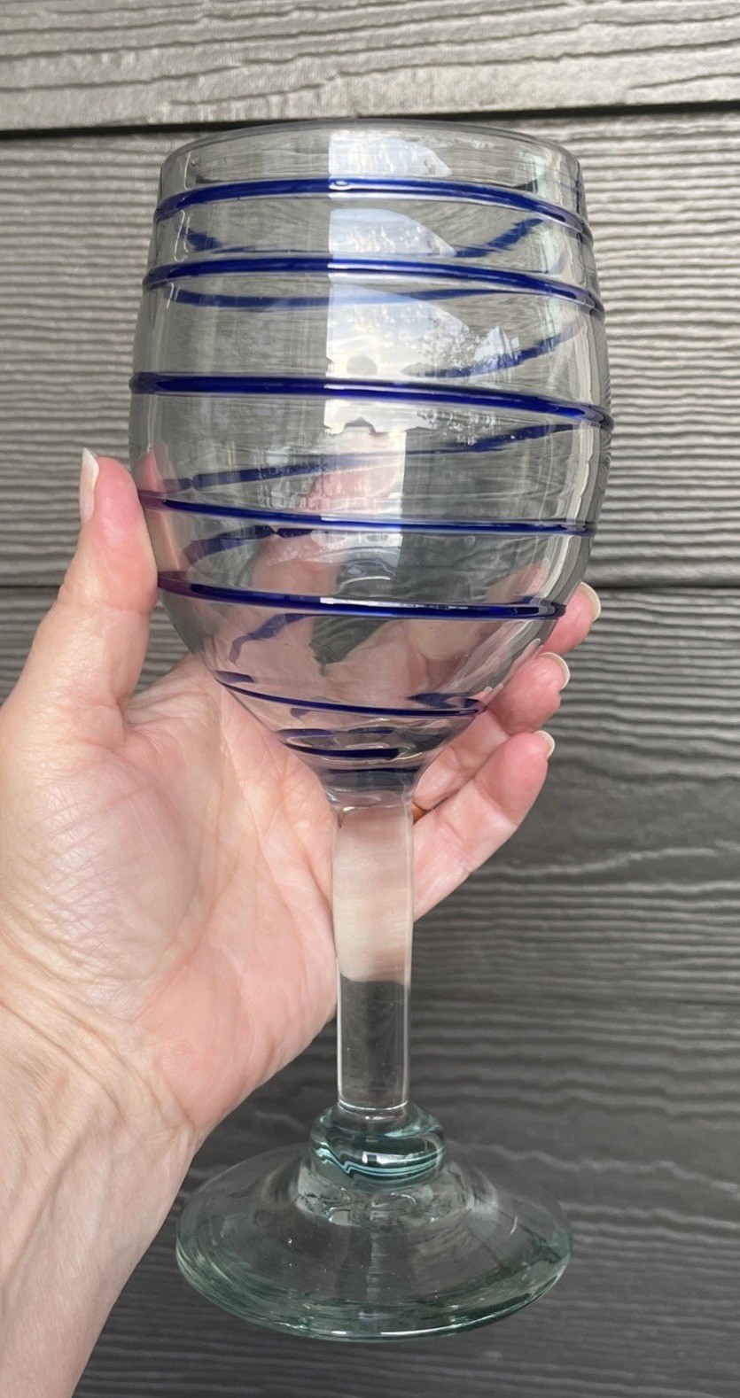 Vintage Mexican Hand Blown Water Goblet Cobalt Blue Swirl Wine Glass Approx 9 In