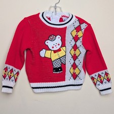 Vintage Doe Spun Bear Argyle Holiday Knit Sweater 80s Toddler Size 24 Months