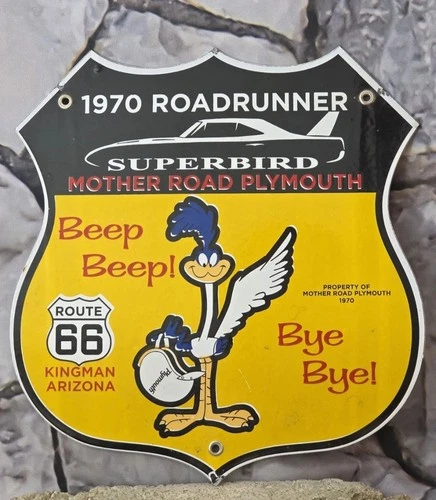 VINTAGE 1970 PLYMOUTH ROUTE 66 ARIZONA ROADRUNNER PORCELAIN SIGN 11"×12".