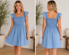 Old Navy Blue Chambray Smocked Flutter Sleeve Dress NWT Large Boho Fairy Hippie