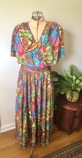 Colorful Floral Vintage 80  s Carole Little Broomstick Skirt With Matching Top