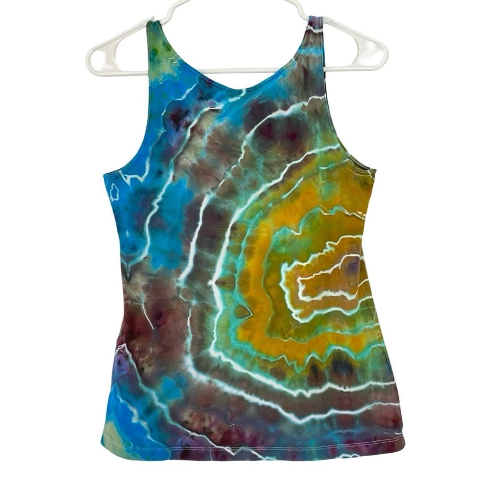 Camiseta sin mangas Geode Tie Dye hecha a mano para mujer talla mediana azul turquesa dorado reciclado Foto 3 de 4