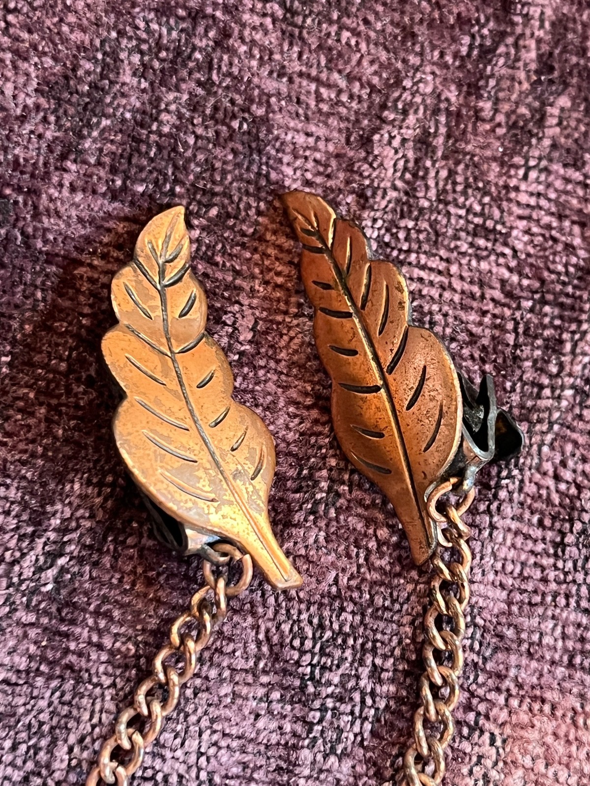 Vintage Solid Copper Etched Leaf w Connecting Cha… - image 2