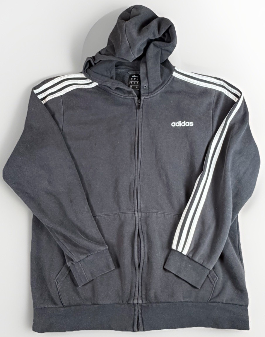Adidas Men’s XL Black Full Zip Hoodie 3 Stripe Athletic Sweatshirt