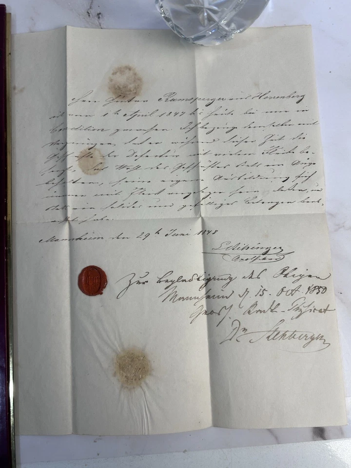 1847–1850 German Official Document • Mannheim Kurrent Script W/ Wax Seal Antique - Image 4 of 4