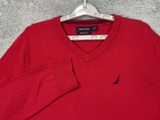 Nautica Navtech Sweater Mens Medium Red V Neck Knit Pullover Sail Logo Classic