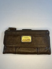 Fossil Brown Leather Wallet Logo Zipper Button Credit Card ID Checkbook