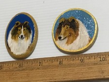 Lot of 2 Handmade Wooden Handpainted COLLIE Cameos/Ornaments/Magnets/Pins