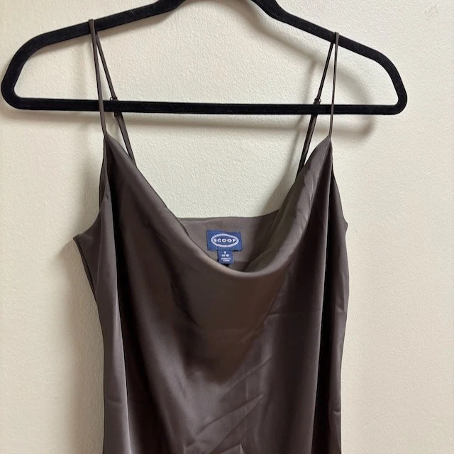 SCOOP Womens Y2K Midi Dress Size S Brown Satin Cowl Neck Asymmetric Going Out - Image 2 of 4