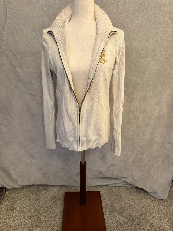 Suéter Cardi Lauren Ralph Lauren Cremallera Dorado Monograma Cresta Crema Talla L Foto 3 de 4