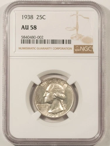 1938 WASHINGTON QUARTER - NGC AU-58, TOUGH!