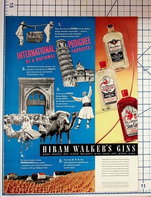 Vintage Hiram Walker's Gin International Pedigree Magazine Ad World Map