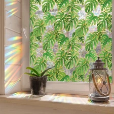 Runtoo Rainbow Palm Leaves Privacy Film - 3D Decorative Vinyl Stained Glass P...