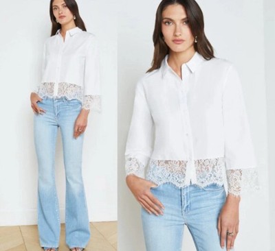New L AGENCE Levo Lace Trim Cropped Shirt in White Size Large