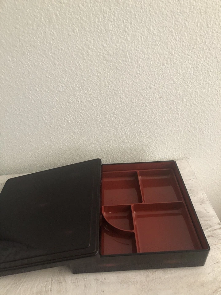 Vintage Bento Box 5 Compartments  Black w/ Red Interior Serving Japanese 3x9x9” - Image 4 of 4