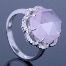 925 Sterling Silver Pink Quartz Diamonds Engagement Fine Ring 13mm Round Cut