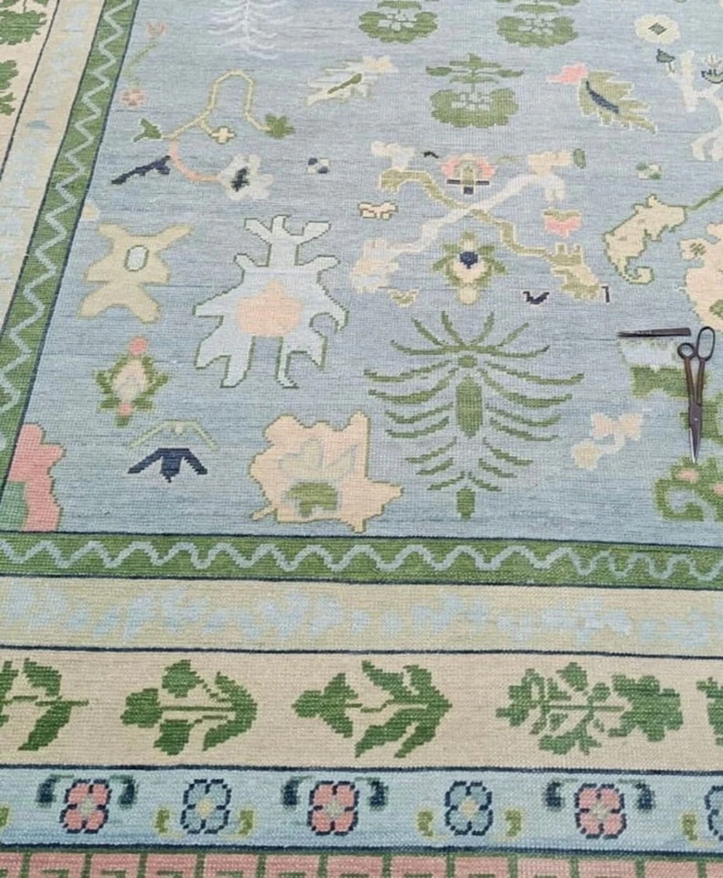 Modern Oushak Hand Knotted Rug 10x14 Lt. Blue 100% Wool Floral Carpets for Home - Image 2 of 4